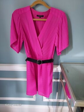 Nanette Lepore Hot Pink V-Neck Mini Dress with Black Belt